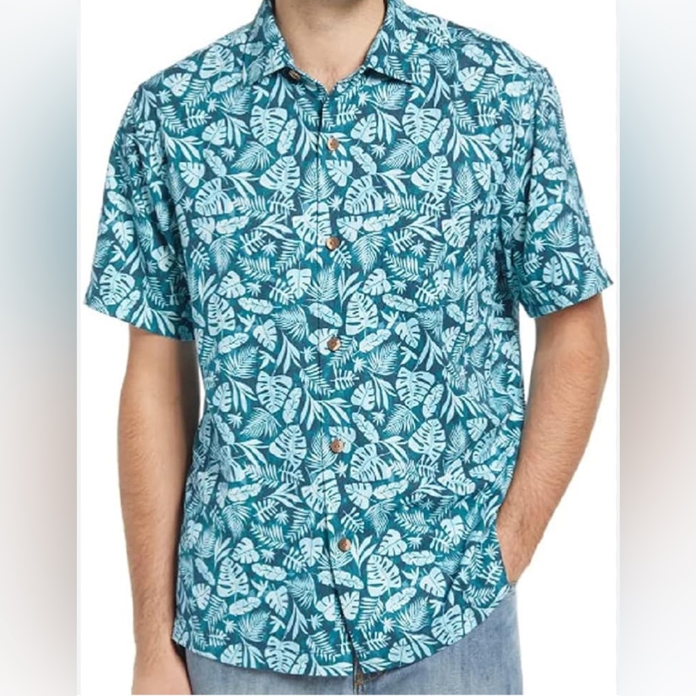 Tommy Bahama Island Zone Monstera Del Mar Silk Blend Camp‎ Shirt Blue Sz. Med